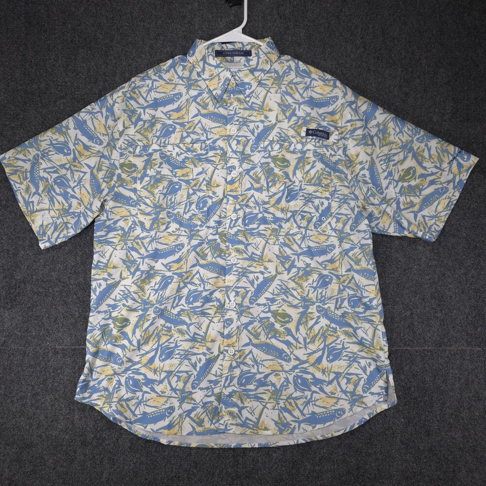 Columbia PFG Super Tamiami Short Sleeve Fishing Shirt Men M Fish Print Omni